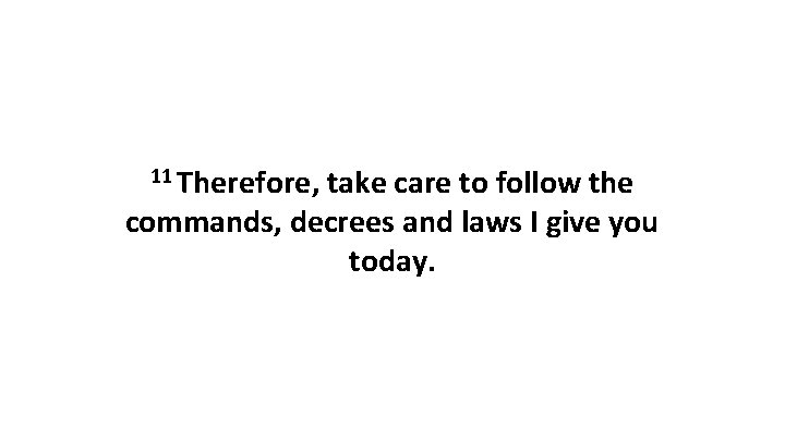 11 Therefore, take care to follow the commands, decrees and laws I give you