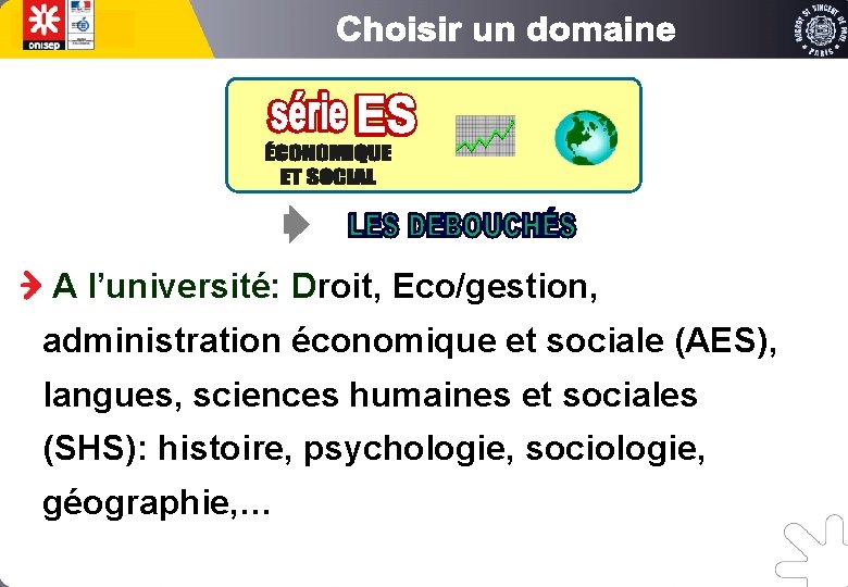 A l’université: Droit, Eco/gestion, administration économique et sociale (AES), langues, sciences humaines et sociales