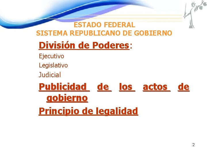 ESTADO FEDERAL SISTEMA REPUBLICANO DE GOBIERNO División de Poderes: Ejecutivo Legislativo Judicial Publicidad de