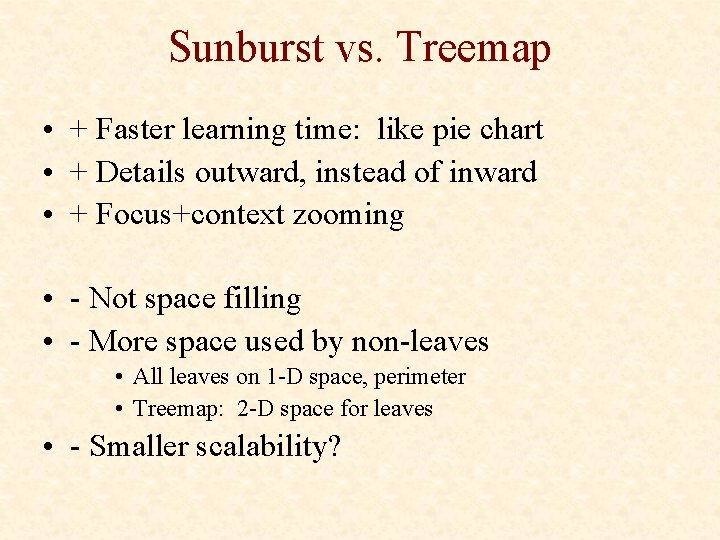 Sunburst vs. Treemap • + Faster learning time: like pie chart • + Details