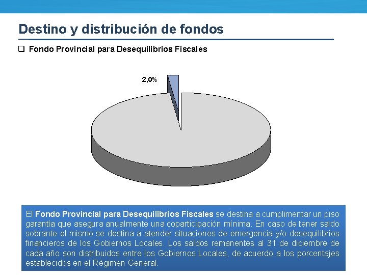 Destino y distribución de fondos q Fondo Provincial para Desequilibrios Fiscales 2, 0% El