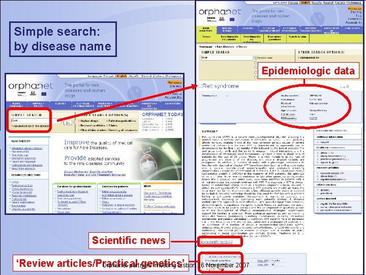 Simple search: by disease name Epidemiologic data Scientific news ‘Review articles/Practical genetics’ Orphanet partners'