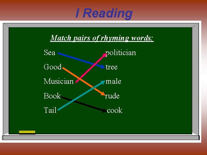 I Reading Match pairs of rhyming words: Sea politician Good tree Musician male Book