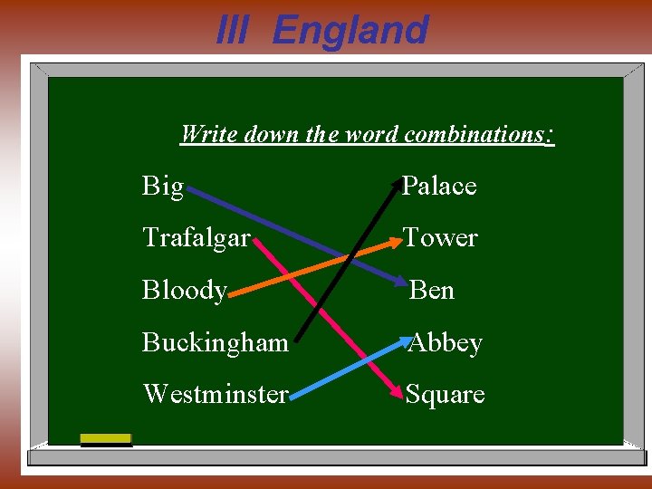 III England Write down the word combinations: Big Palace Trafalgar Tower Bloody Ben Buckingham