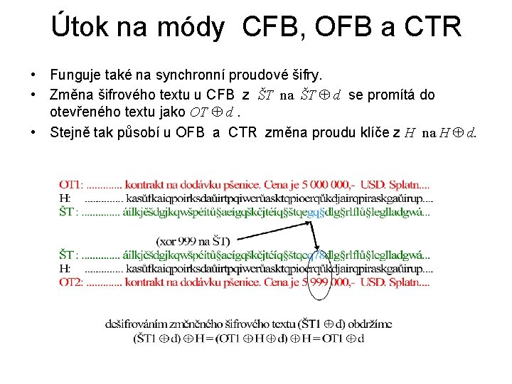Útok na módy CFB, OFB a CTR • Funguje také na synchronní proudové šifry.