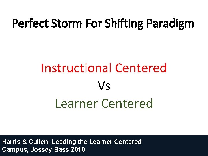 Perfect Storm For Shifting Paradigm Instructional Centered Vs Learner Centered Harris & Cullen: Leading