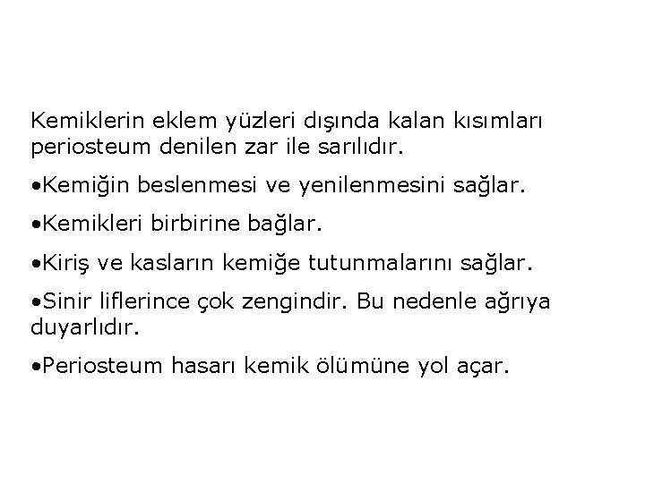 Kemiklerin eklem yüzleri dışında kalan kısımları periosteum denilen zar ile sarılıdır. • Kemiğin beslenmesi