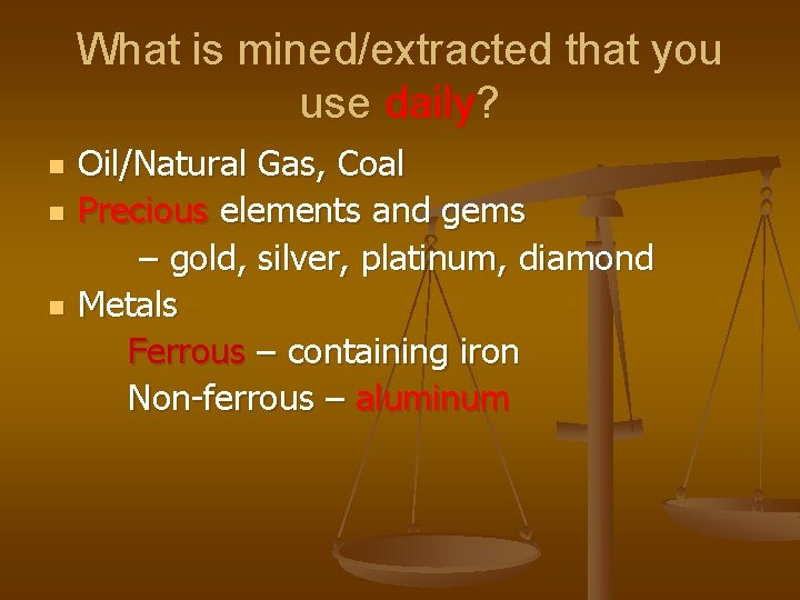 What is mined/extracted that you use daily? n n n Oil/Natural Gas, Coal Precious