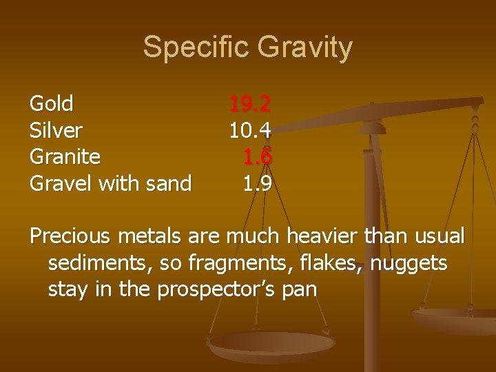 Specific Gravity Gold Silver Granite Gravel with sand 19. 2 10. 4 1. 6