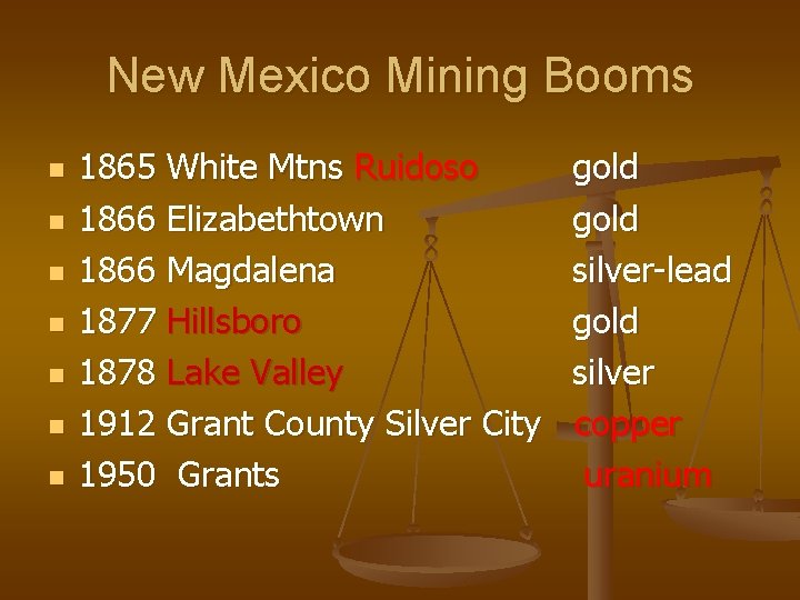 New Mexico Mining Booms n n n n 1865 White Mtns Ruidoso 1866 Elizabethtown