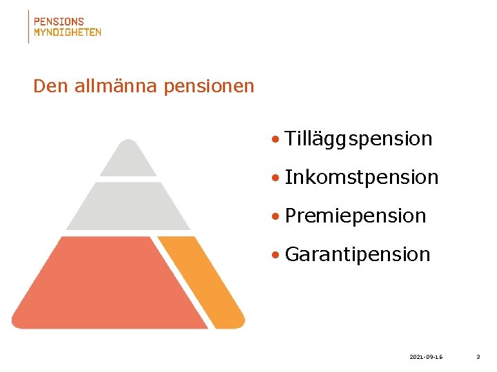 Den allmänna pensionen • Tilläggspension • Inkomstpension • Premiepension • Garantipension 2021 -09 -16