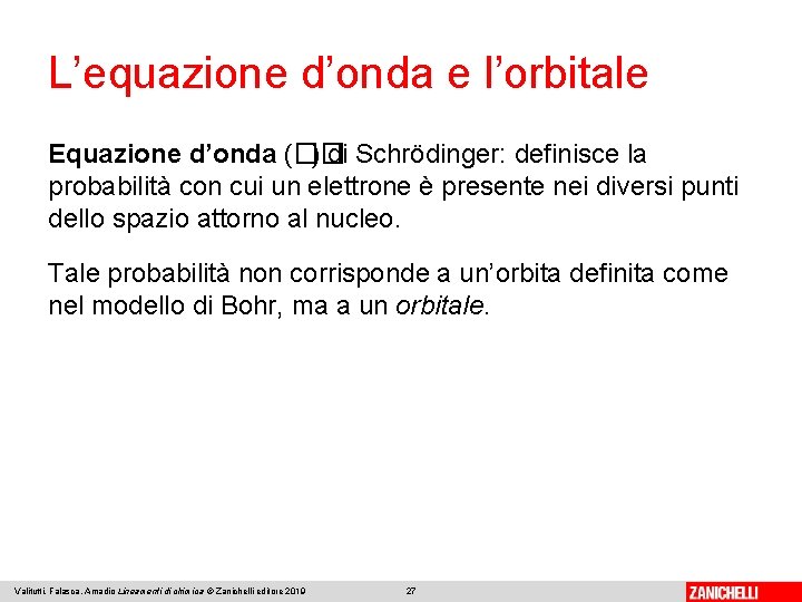 L’equazione d’onda e l’orbitale Equazione d’onda (�� ) di Schrödinger: definisce la probabilità con