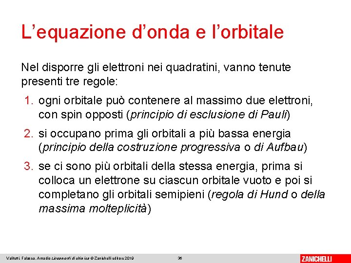 L’equazione d’onda e l’orbitale Nel disporre gli elettroni nei quadratini, vanno tenute presenti tre