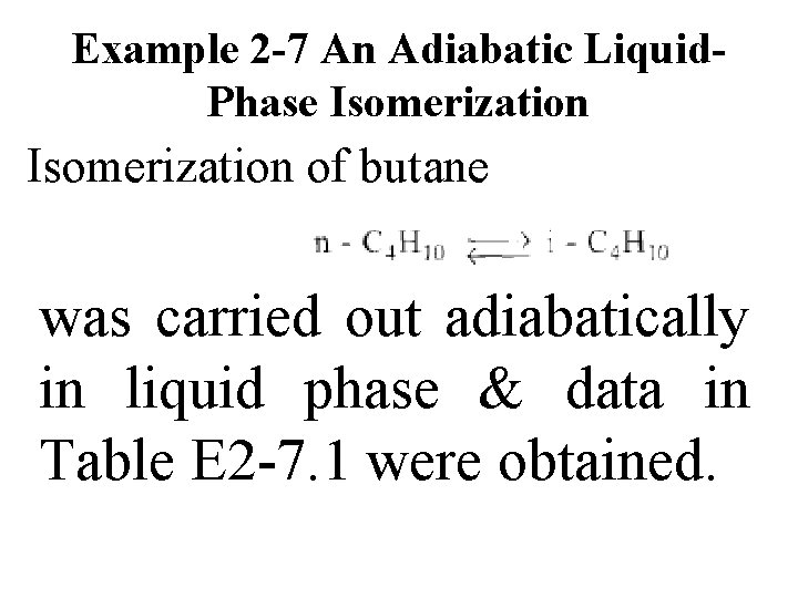 Example 2 -7 An Adiabatic Liquid. Phase Isomerization of butane was carried out adiabatically