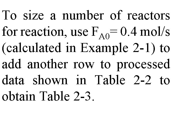 To size a number of reactors for reaction, use FA 0= 0. 4 mol/s