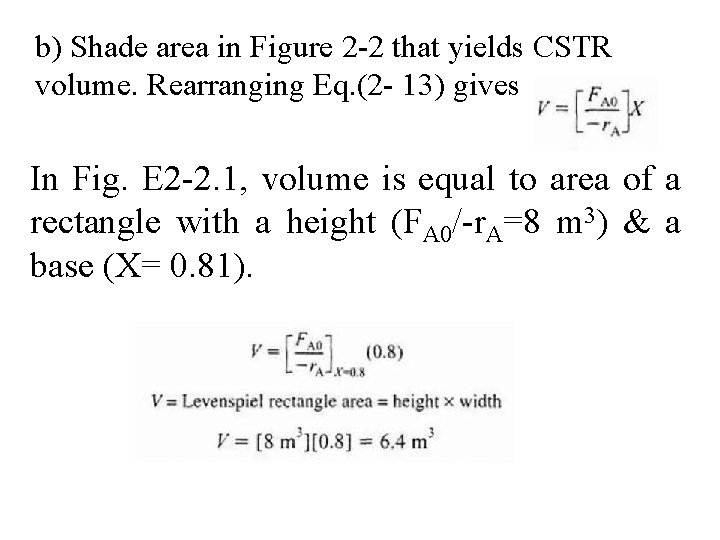 b) Shade area in Figure 2 -2 that yields CSTR volume. Rearranging Eq. (2