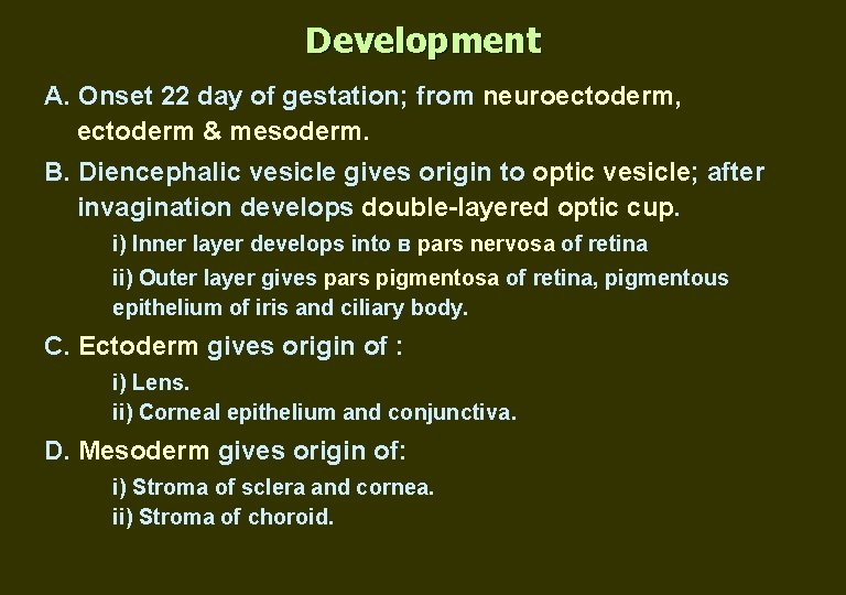 Development А. Onset 22 day of gestation; from neuroectoderm, ectoderm & mesoderm. B. Diencephalic