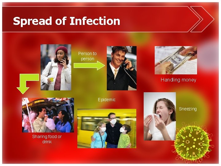 Spread of Infection Person to person Handling money Epidemic Sneezing Sharing food or drink