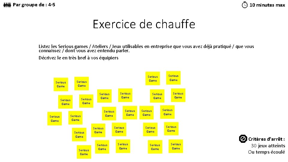 Par groupe de : 4 -5 10 minutes max Exercice de chauffe Listez les