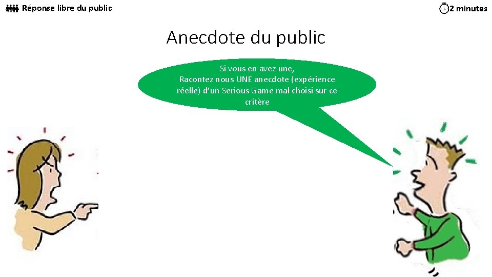 Réponse libre du public 2 minutes Anecdote du public Si vous en avez une,