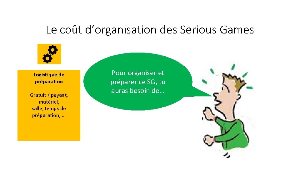 Le coût d’organisation des Serious Games Logistique de préparation Gratuit / payant, matériel, salle,