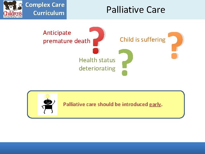 Complex Care Curriculum Palliative Care ? Anticipate premature death Health status deteriorating ? ?