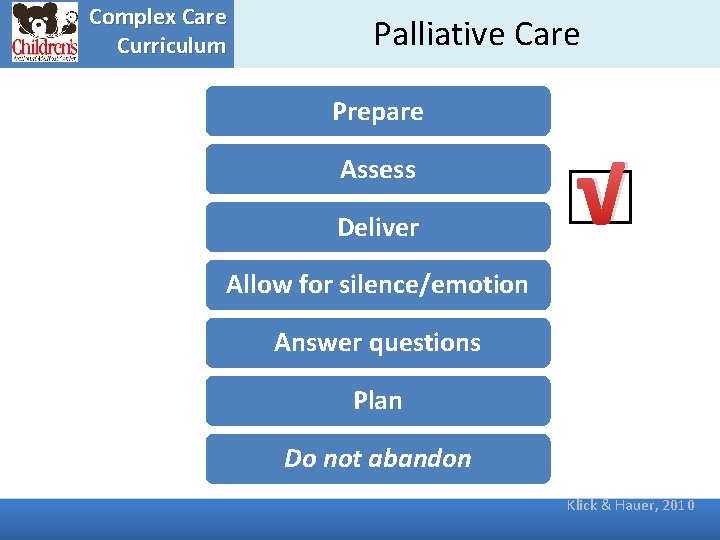 Complex Care Curriculum Palliative Care Prepare Assess Deliver √ Allow for silence/emotion Answer questions
