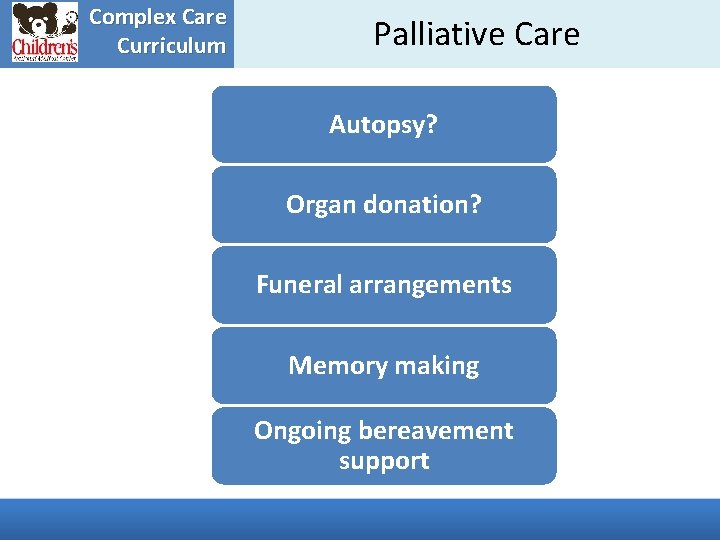 Complex Care Curriculum Palliative Care Autopsy? Organ donation? Funeral arrangements Memory making Ongoing bereavement
