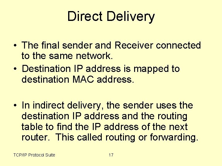 Direct Delivery • The final sender and Receiver connected to the same network. •