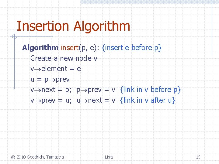 Insertion Algorithm insert(p, e): {insert e before p} Create a new node v v