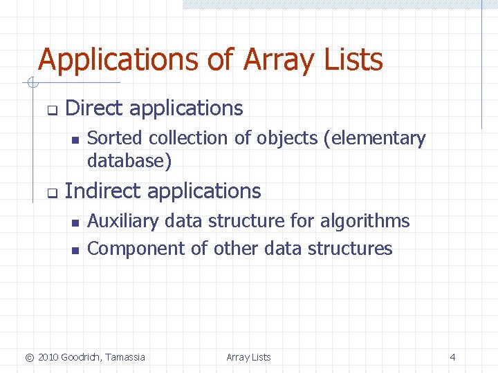 Applications of Array Lists q Direct applications n q Sorted collection of objects (elementary