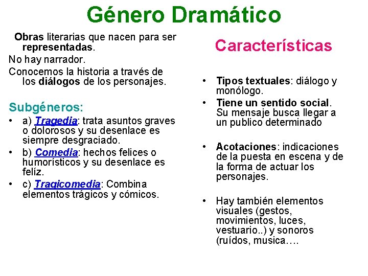 Género Dramático Obras literarias que nacen para ser representadas. No hay narrador. Conocemos la