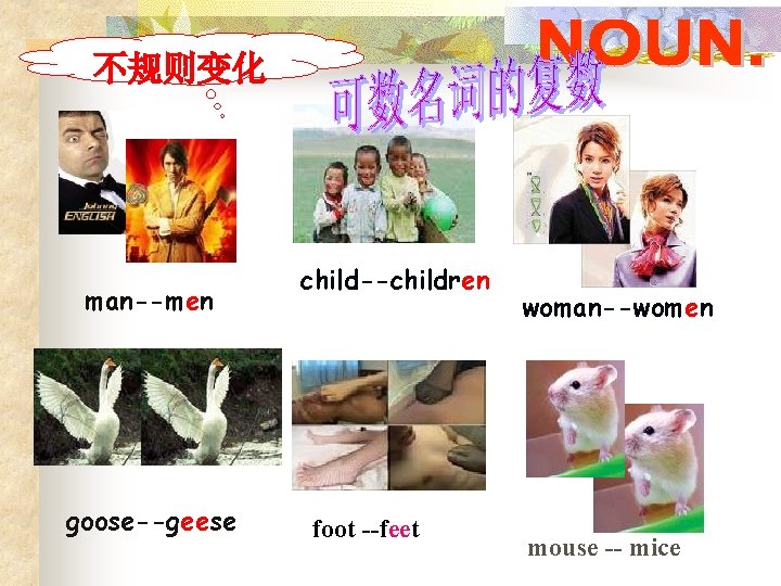 不规则变化 man--men goose--geese child--children foot --feet woman--women mouse -- mice 