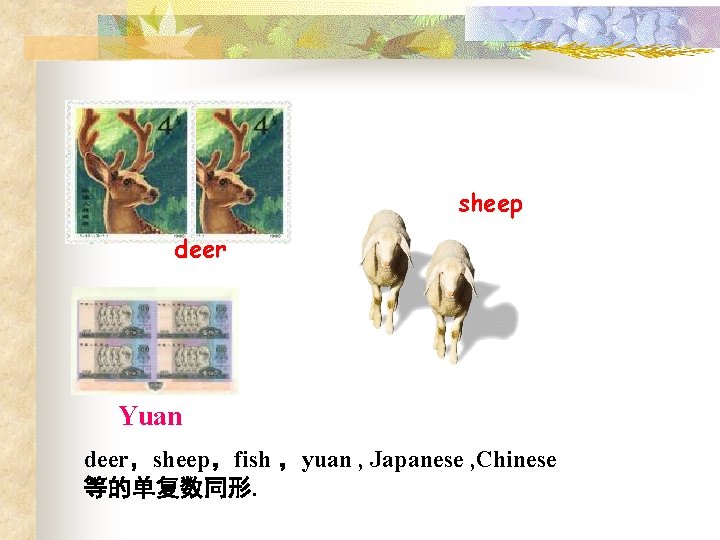 sheep deer Yuan deer，sheep，fish ，yuan , Japanese , Chinese 等的单复数同形. 