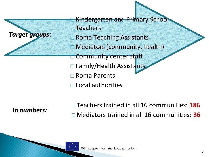 � Kindergarten Target groups: In numbers: and Primary School Teachers � Roma Teaching Assistants