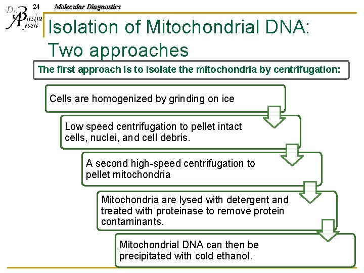 24 Molecular Diagnostics Isolation of Mitochondrial DNA: Two approaches The first approach is to