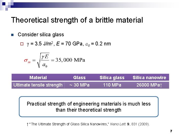 Theoretical strength of a brittle material n Consider silica glass ¨ g = 3.