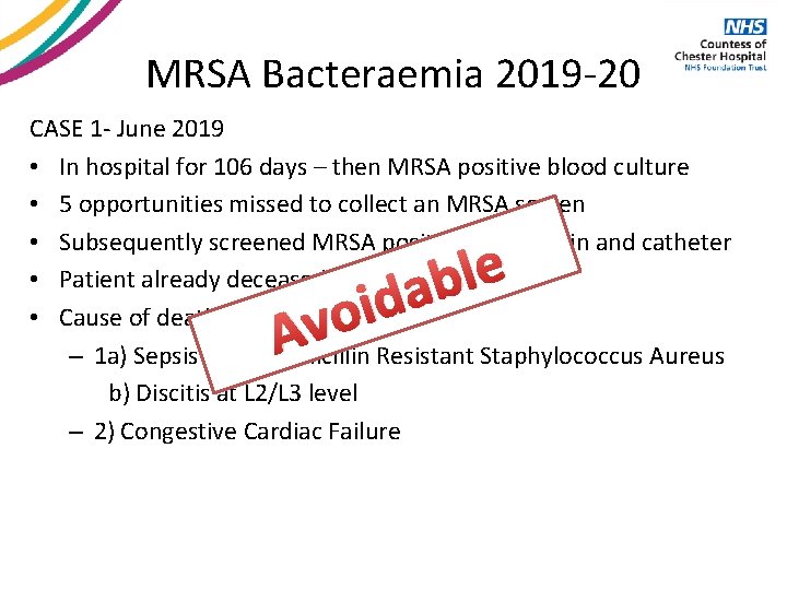 MRSA Bacteraemia 2019 -20 CASE 1 - June 2019 • In hospital for 106