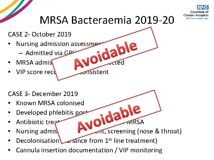 MRSA Bacteraemia 2019 -20 CASE 2 - October 2019 • Nursing admission assessment not