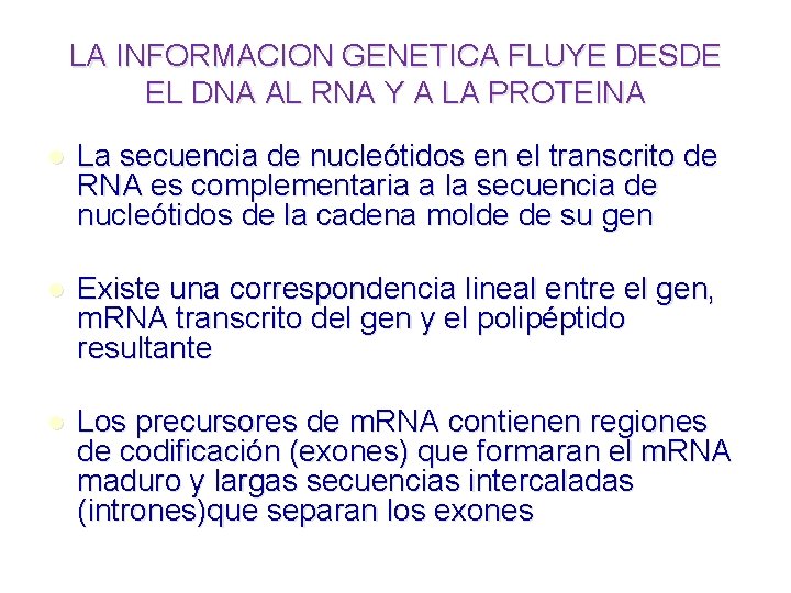 LA INFORMACION GENETICA FLUYE DESDE EL DNA AL RNA Y A LA PROTEINA l LA INFORMACION GENETICA FLUYE DESDE EL DNA AL RNA Y A LA PROTEINA l