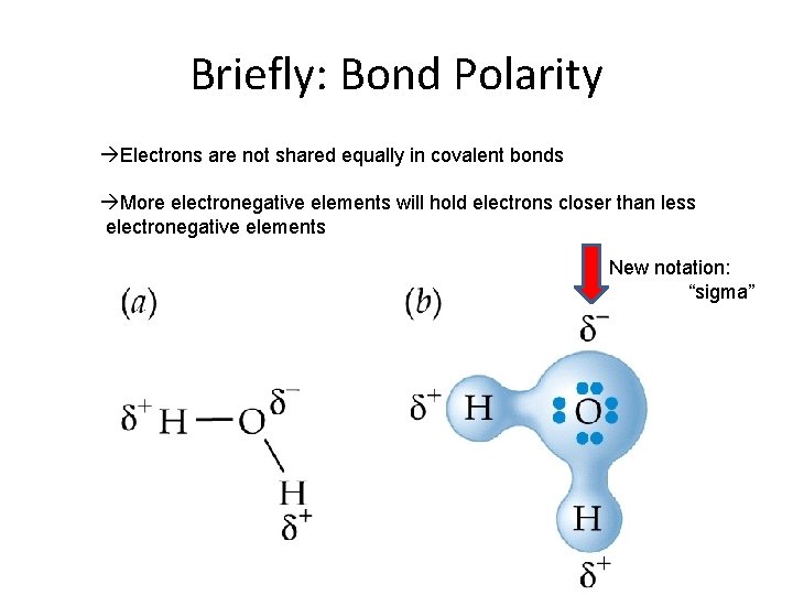 Briefly: Bond Polarity àElectrons are not shared equally in covalent bonds àMore electronegative elements