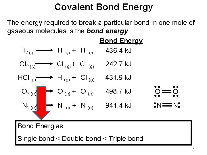 Covalent Bond Energy The energy required to break a particular bond in one mole