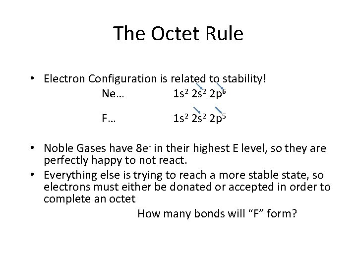 The Octet Rule • Electron Configuration is related to stability! Ne… 1 s 2