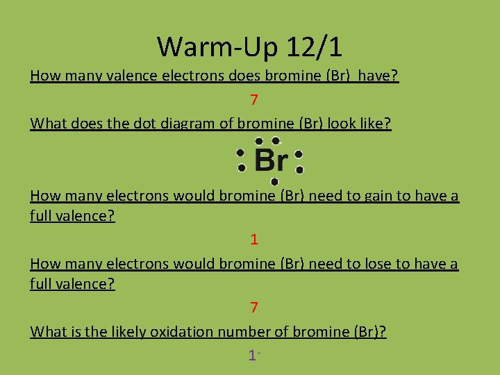 Warm-Up 12/1 How many valence electrons does bromine (Br) have? 7 What does the