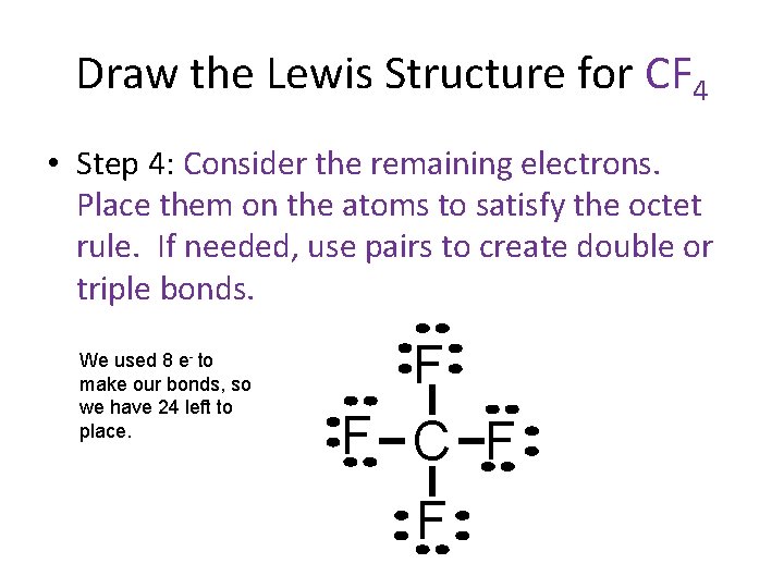 Draw the Lewis Structure for CF 4 • Step 4: Consider the remaining electrons.