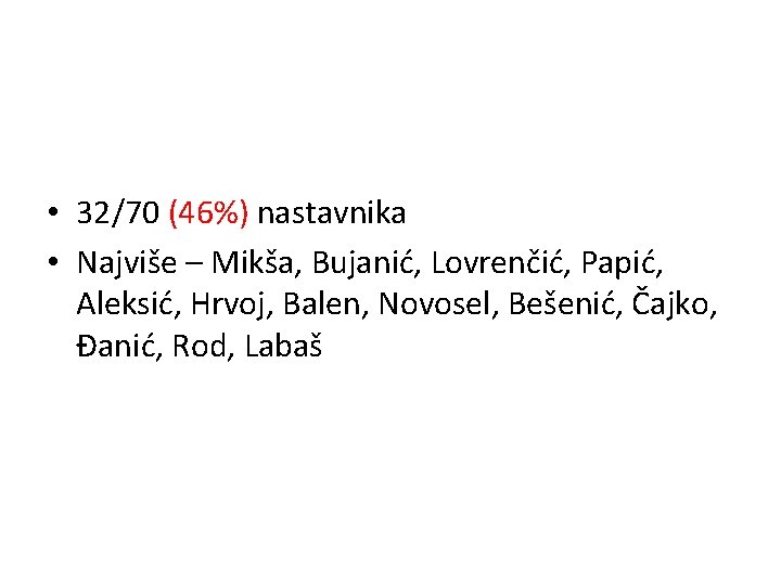  • 32/70 (46%) nastavnika • Najviše – Mikša, Bujanić, Lovrenčić, Papić, Aleksić, Hrvoj,
