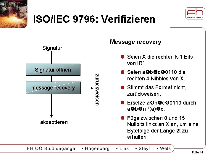 ISO/IEC 9796: Verifizieren Message recovery Signatur Seien X die rechten k-1 Bits von IR´