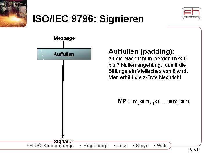 ISO/IEC 9796: Signieren Message Auffüllen (padding): an die Nachricht m werden links 0 bis