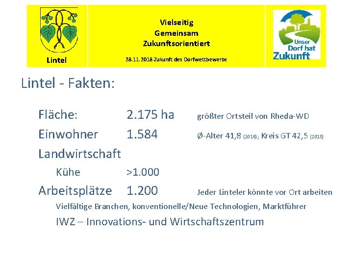 Vielseitig Gemeinsam Zukunftsorientiert Lintel 28. 11. 2018 Zukunft des Dorfwettbewerbs Lintel - Fakten: Fläche: