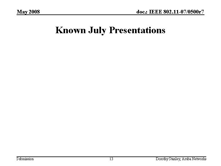 May 2008 doc. : IEEE 802. 11 -07/0500 r 7 Known July Presentations Submission